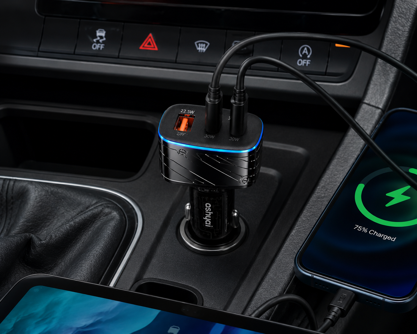 Ashyai 82.5W Dual PD Car Charger2× USB-C PD 30W + USB-A 22.5W Fast Charging Adapter