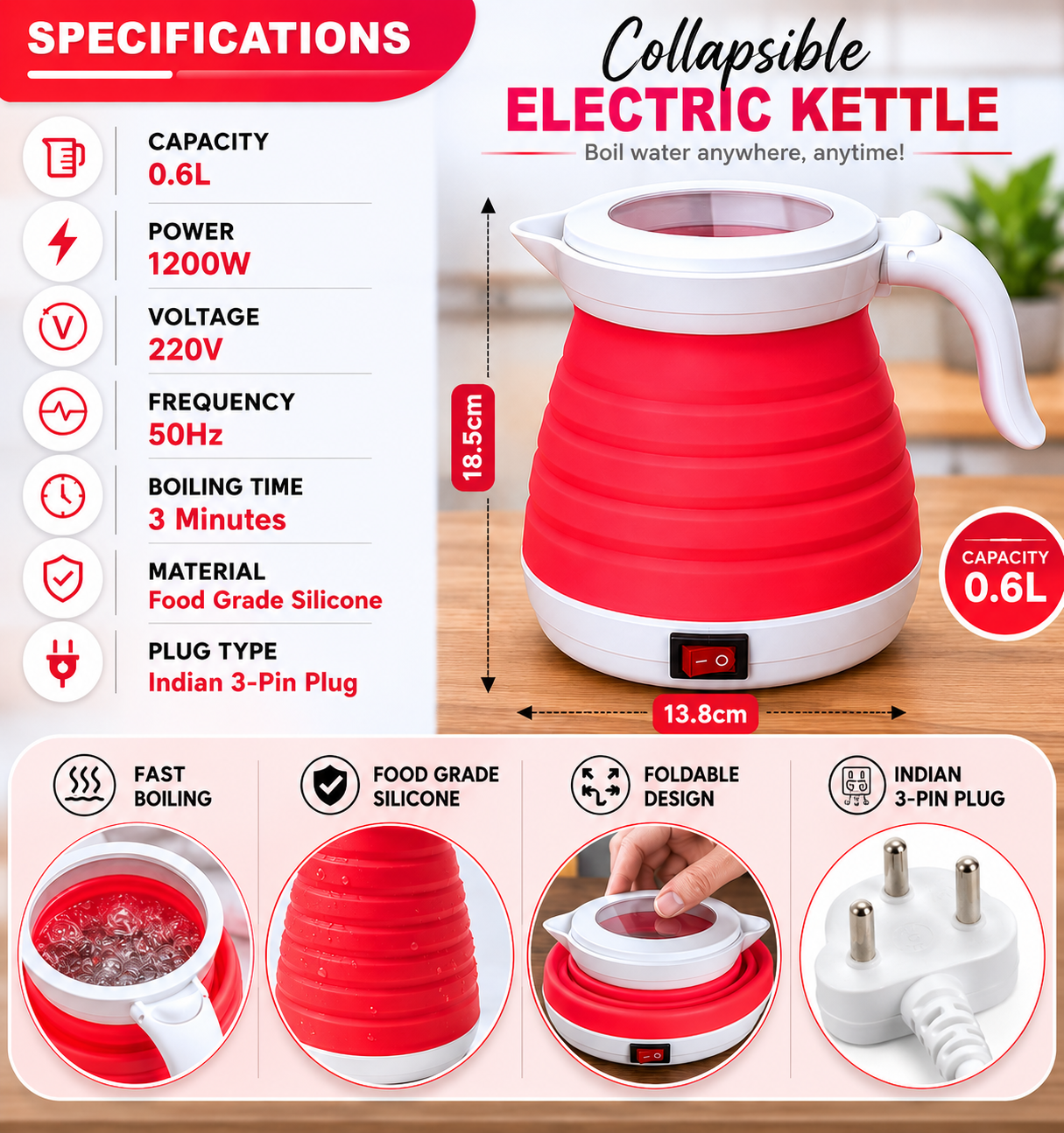 Portable Silicone Electric Kettle – 0.6L Travel Foldable Water Boiler