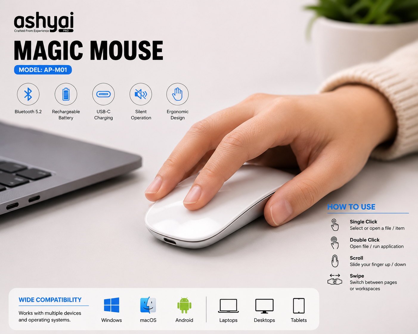 Ashyai Pro Magic Mouse AP-M01 – Rechargeable Wireless Bluetooth Mouse for Laptop, PC & Tablet