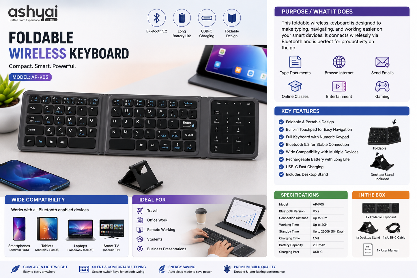 Ashyai Pro Foldable Wireless Bluetooth Keyboard with Touchpad & Numeric Keypad (AP-K05)