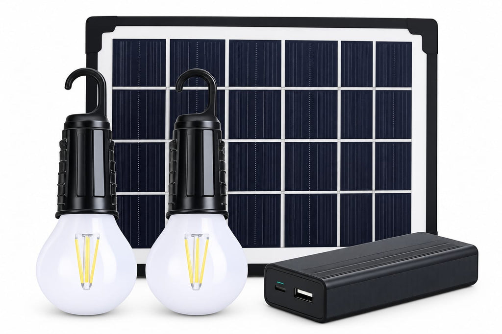 Multi-Function Solar Light Kit with solar panel, two wireless LED bulbs and 5000mAh power bank