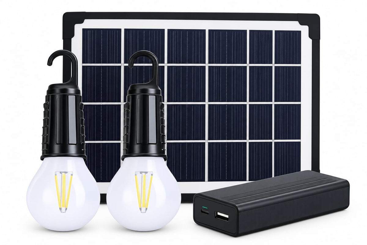 Multi-Function Solar Light Kit with solar panel, two wireless LED bulbs and 5000mAh power bank