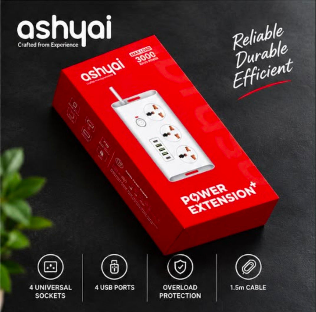 Ashyai Power Extension with 3 universal sockets and USB ports