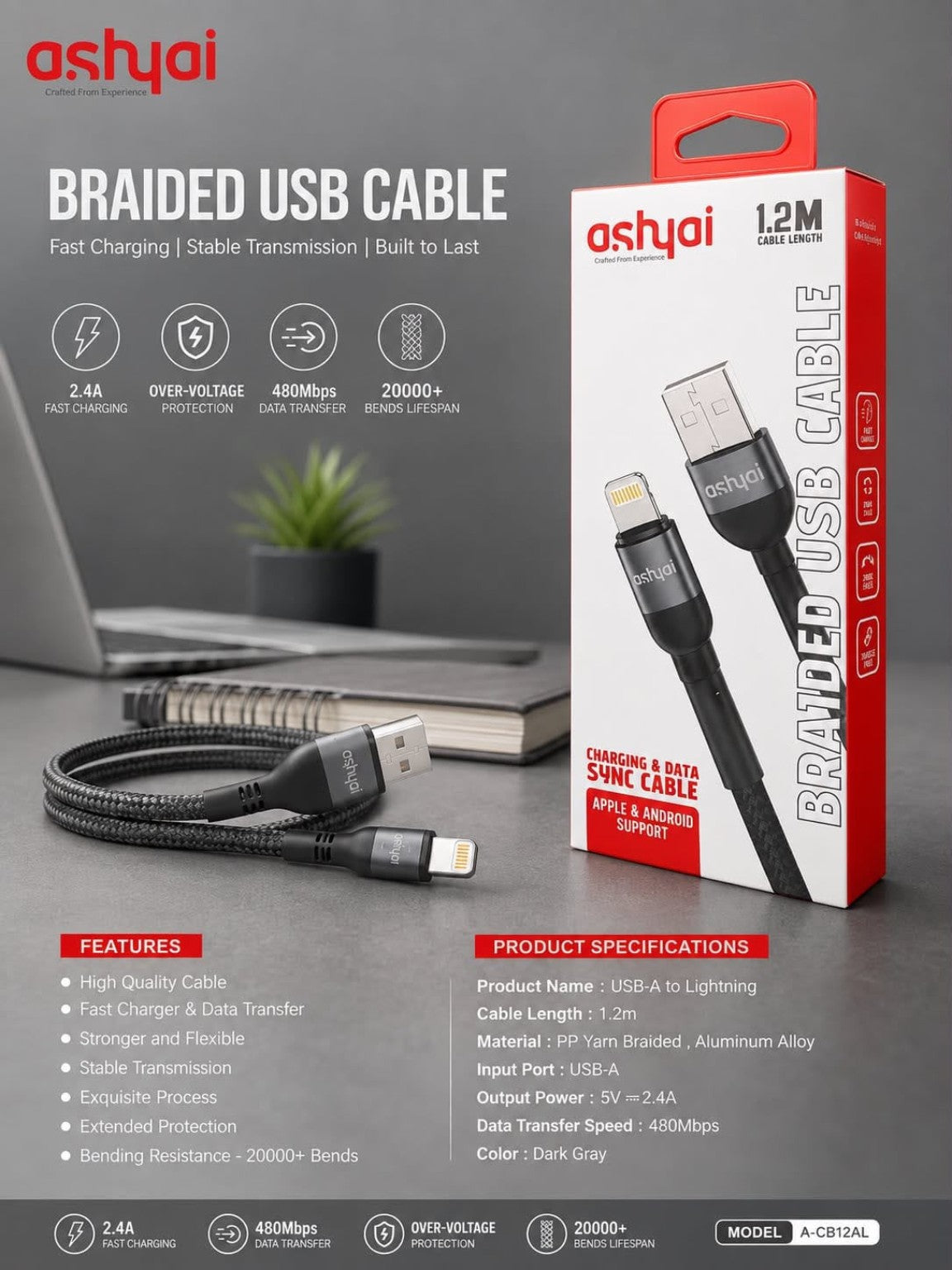 Ashyai Braided USB-A to Lightning Cable