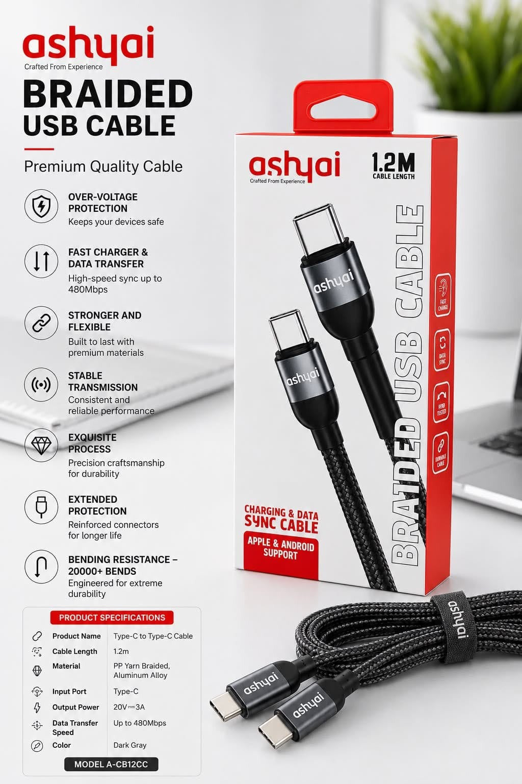Ashyai Braided Type-C to Type-C Cable
