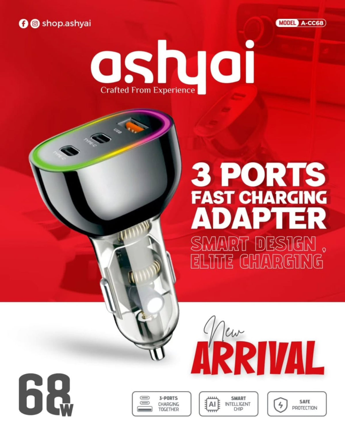 Ashyai 3-Port 68W Fast Charging Adapter