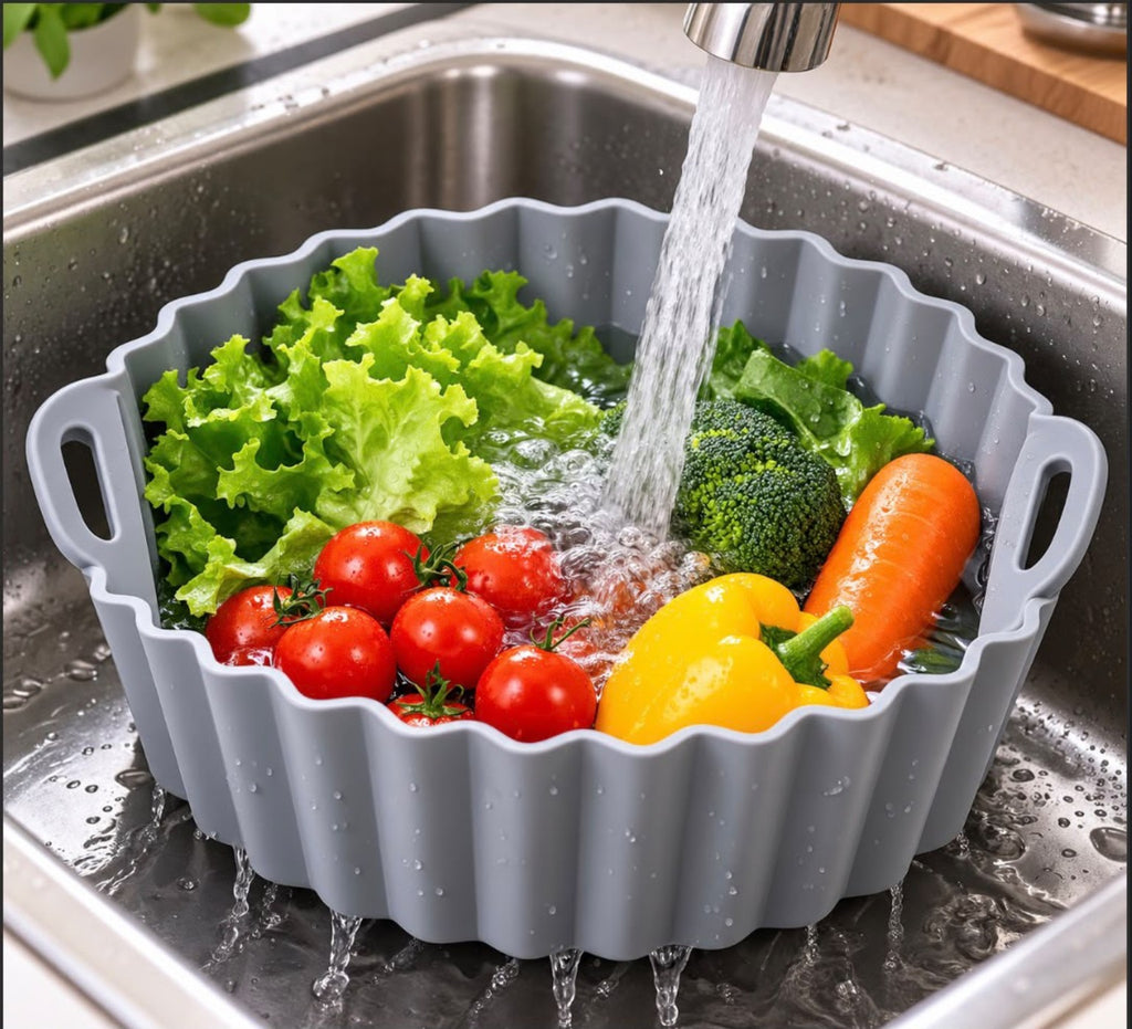 Grey silicone basket for washing and draining vegetables