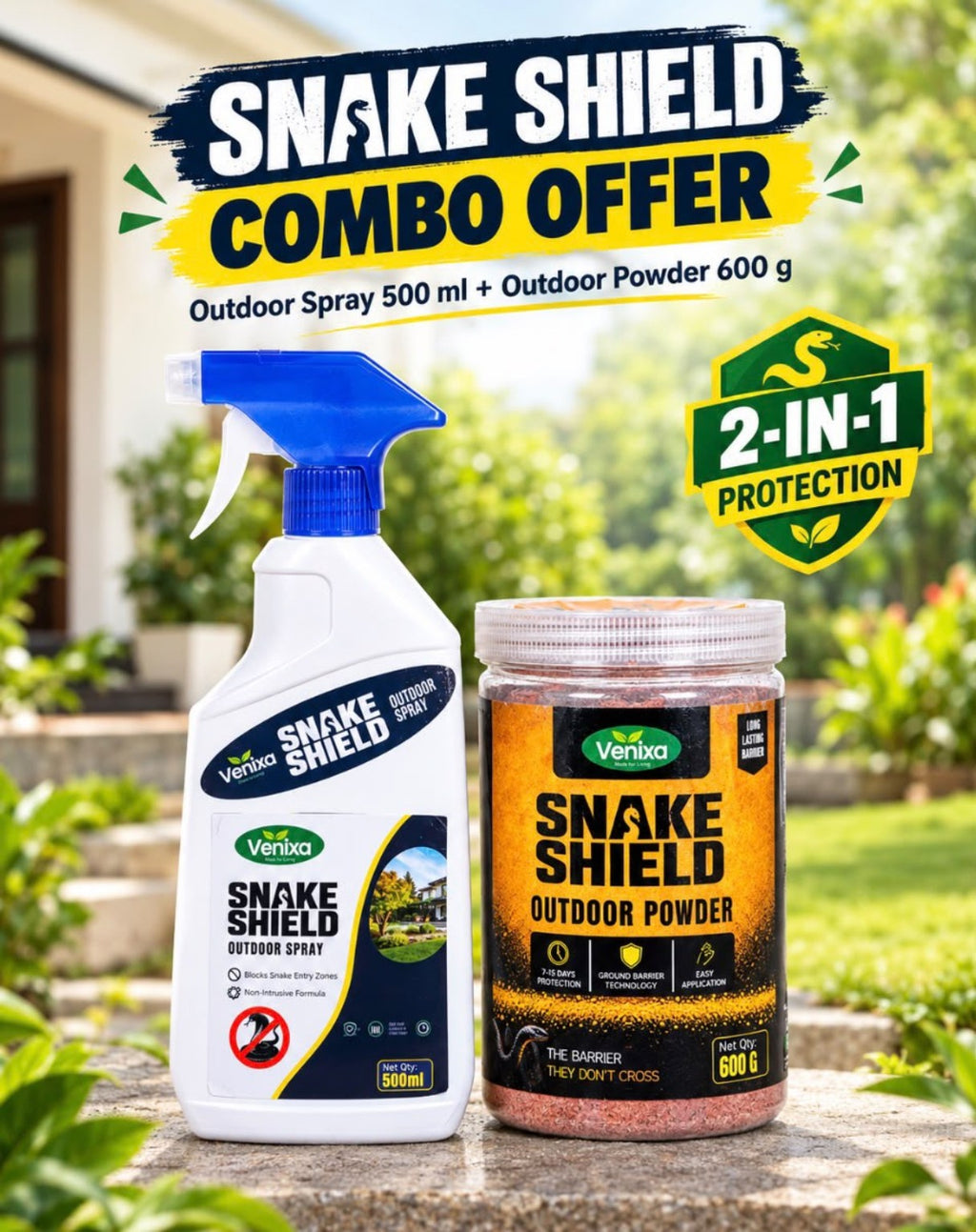 Venixa Snake Shield Combo Offer – Outdoor Spray 500 ml and Outdoor Powder 600 g