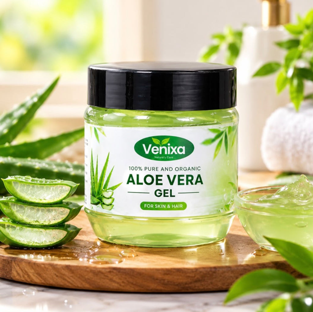 Venixa Aloe Vera Gel jar with aloe vera leaves, for skin and hair care