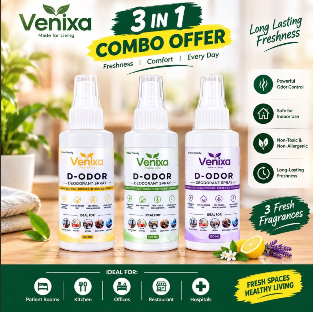 Venixa D-ODOR three bottle combo pack, orange green and purple 100 ml sprays