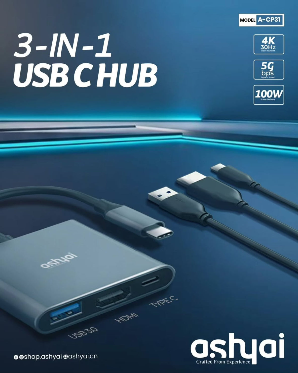 ASHYAI A-CP31 3-in-1 USB-C Hub Adapter