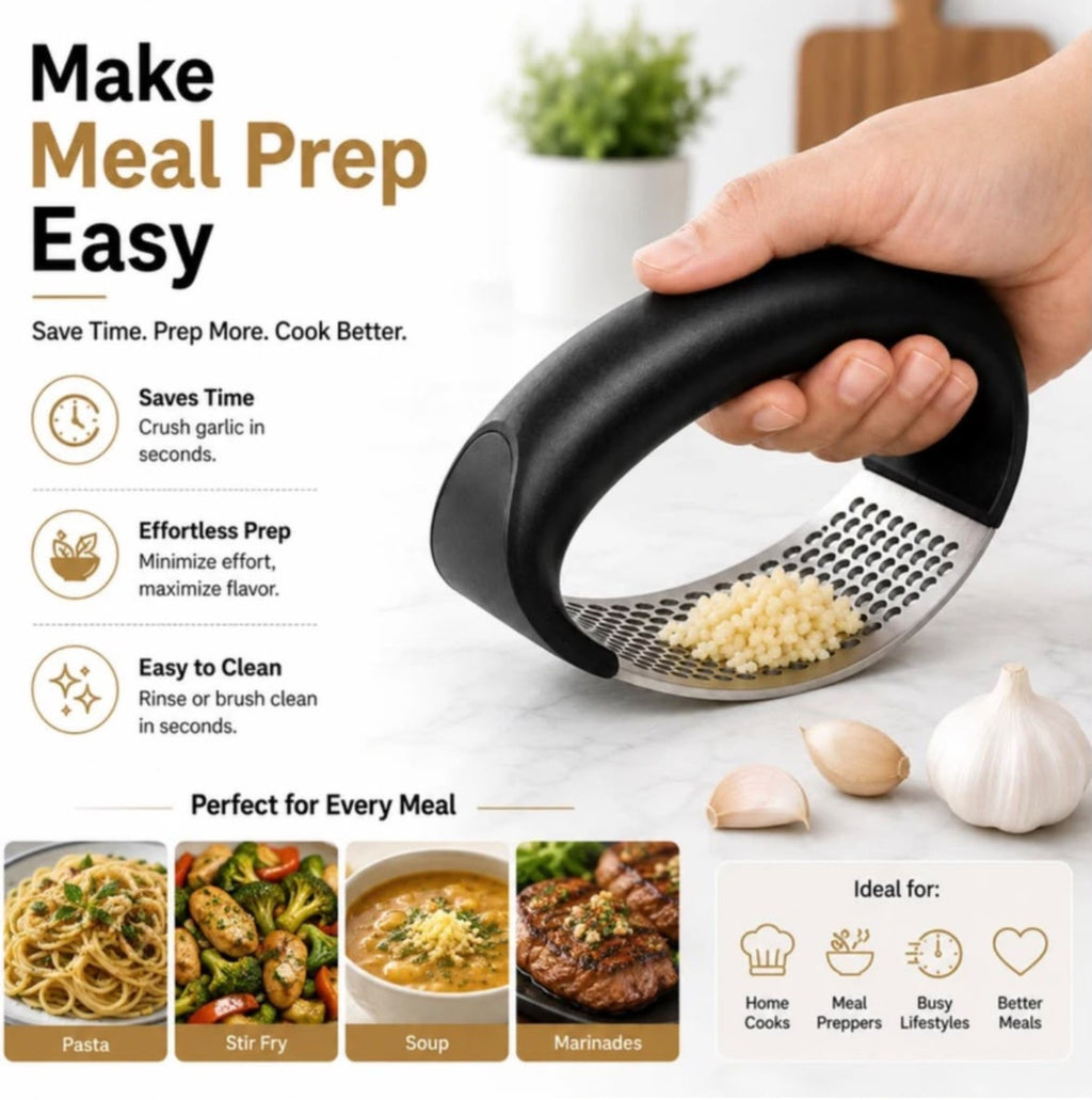 Garlic press ergonomic handle and meal preparation use