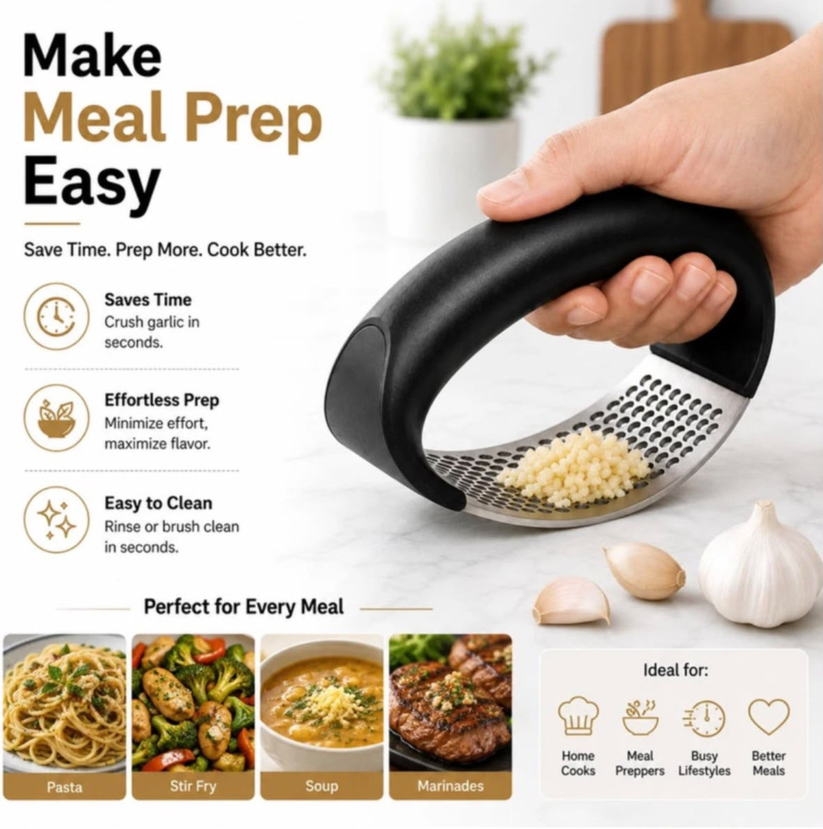 Garlic press ergonomic handle and meal preparation use