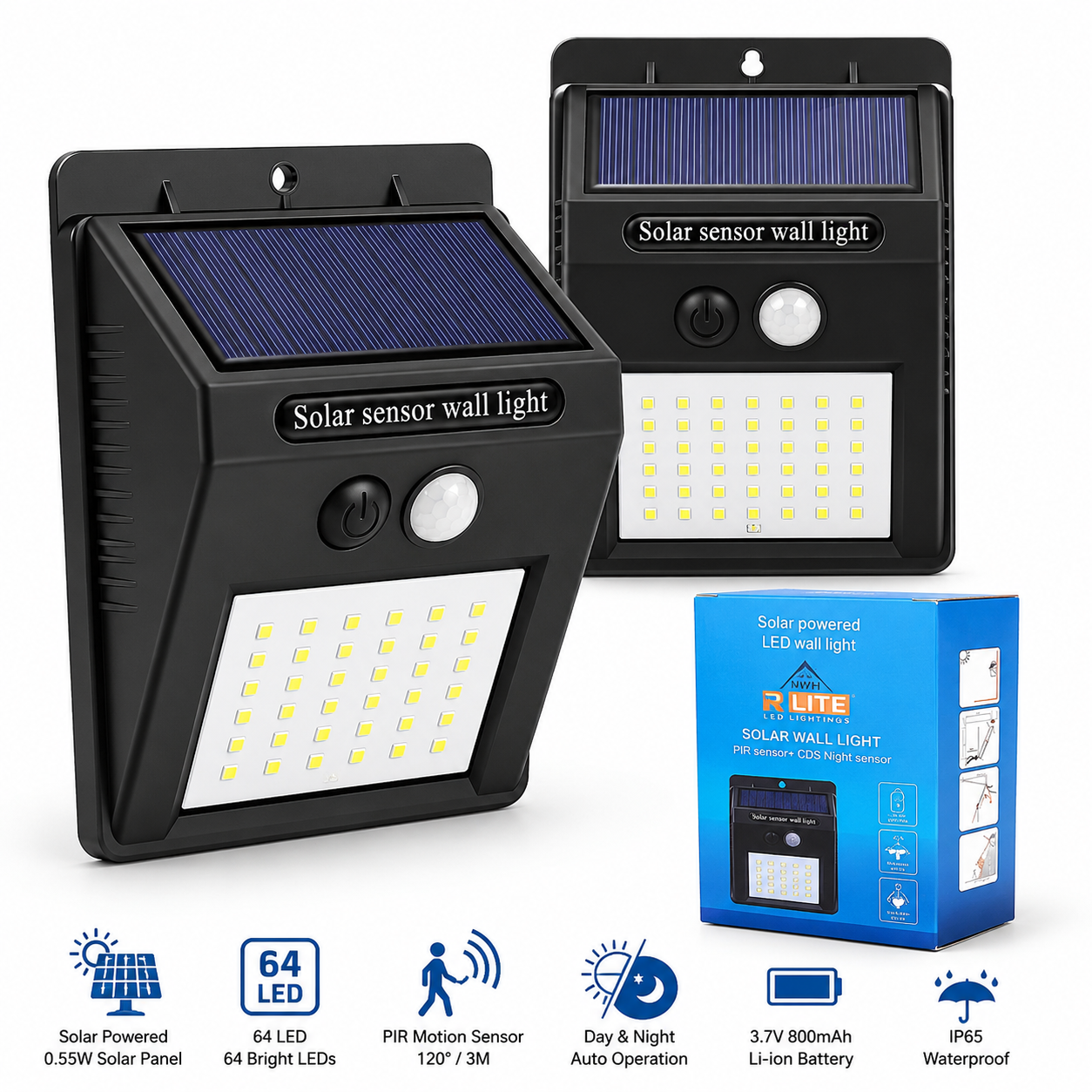 64 LED Solar Wall Light with PIR Motion Sensor