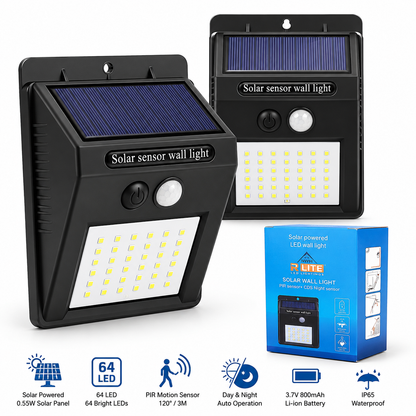 64 LED Solar Wall Light with PIR Motion Sensor