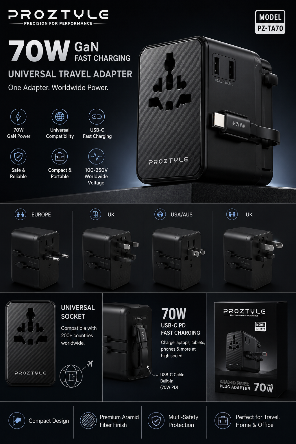 PROZTYLE 70W Universal Travel Adapter with USB-C Fast Charging