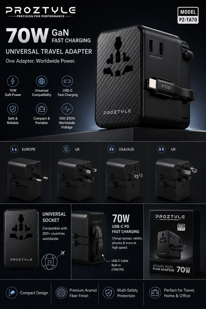 PROZTYLE 70W Universal Travel Adapter with USB-C Fast Charging