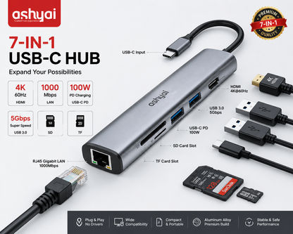Ashyai 7-in-1 USB-C Multiport Hub | 4K HDMI | Gigabit Ethernet | 100W PD Charging
