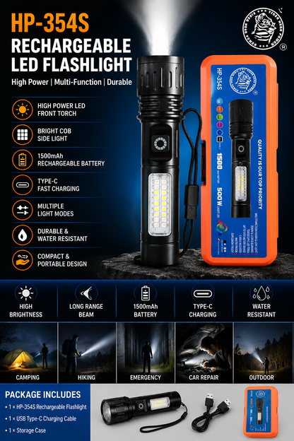Rechargeable LED Flashlight with Side Light and Police light 🚨– USB Type-C Charging | High Power Torch