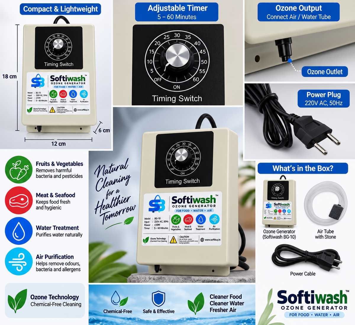 Softiwash BG-10 Ozone Generator with Adjustable Timer | 220V AC | 5–60 Minutes