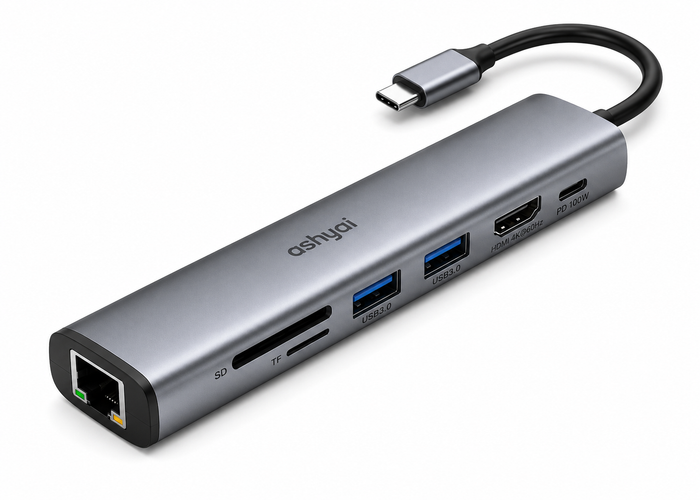 Ashyai 7-in-1 USB-C Multiport Hub | 4K HDMI | Gigabit Ethernet | 100W PD Charging