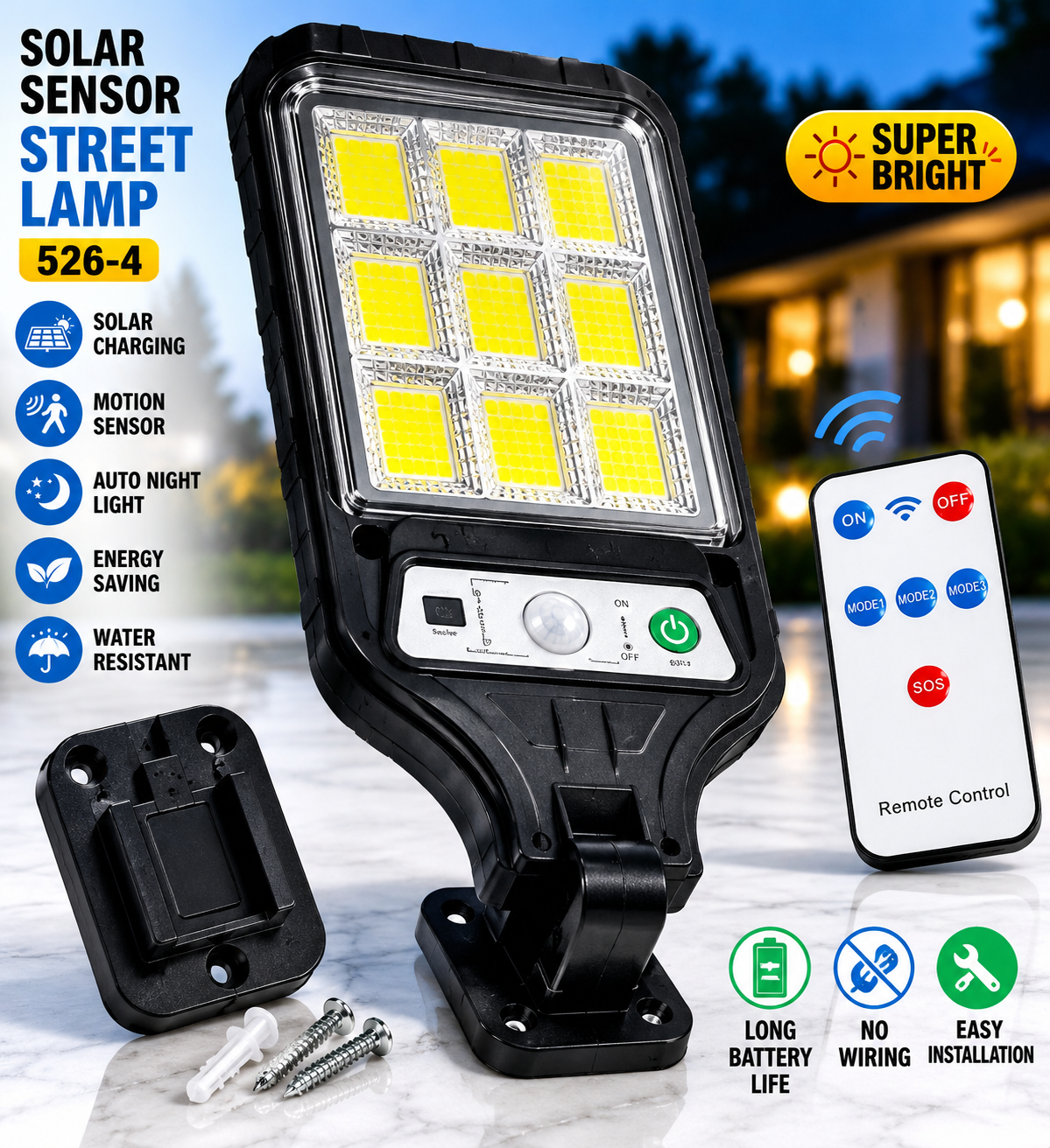 Solar Sensor Street Lamp - Motion Sensor LED Outdoor Light with Remote Control