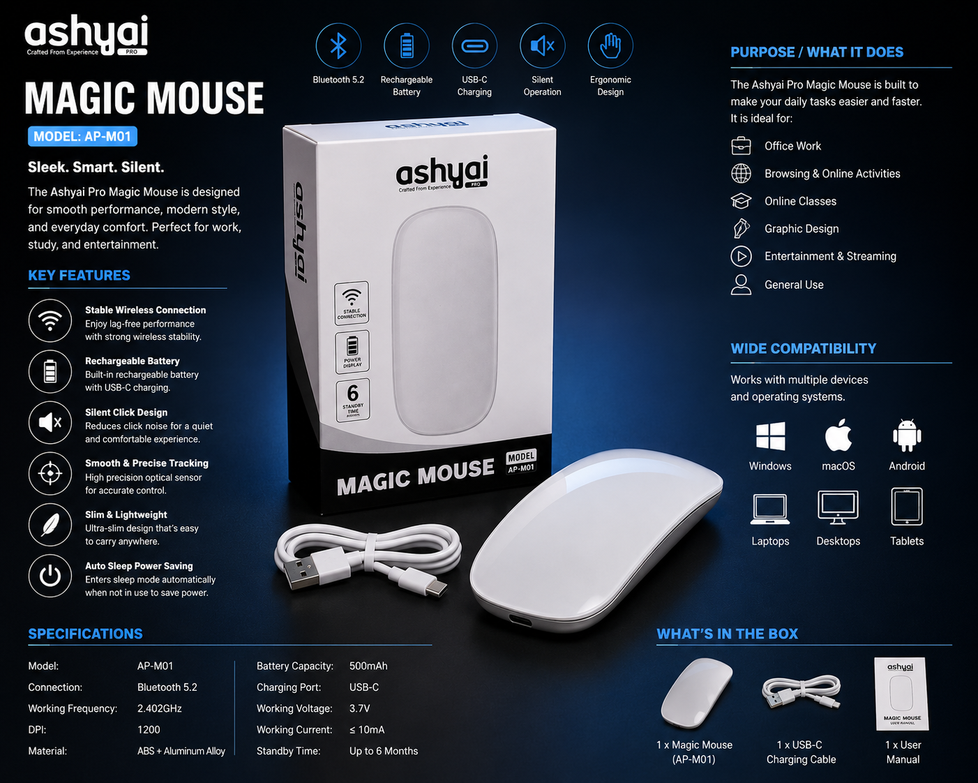 Ashyai Pro Magic Mouse AP-M01 – Rechargeable Wireless Bluetooth Mouse for Laptop, PC & Tablet