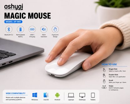 Ashyai Pro Magic Mouse AP-M01 – Rechargeable Wireless Bluetooth Mouse for Laptop, PC & Tablet