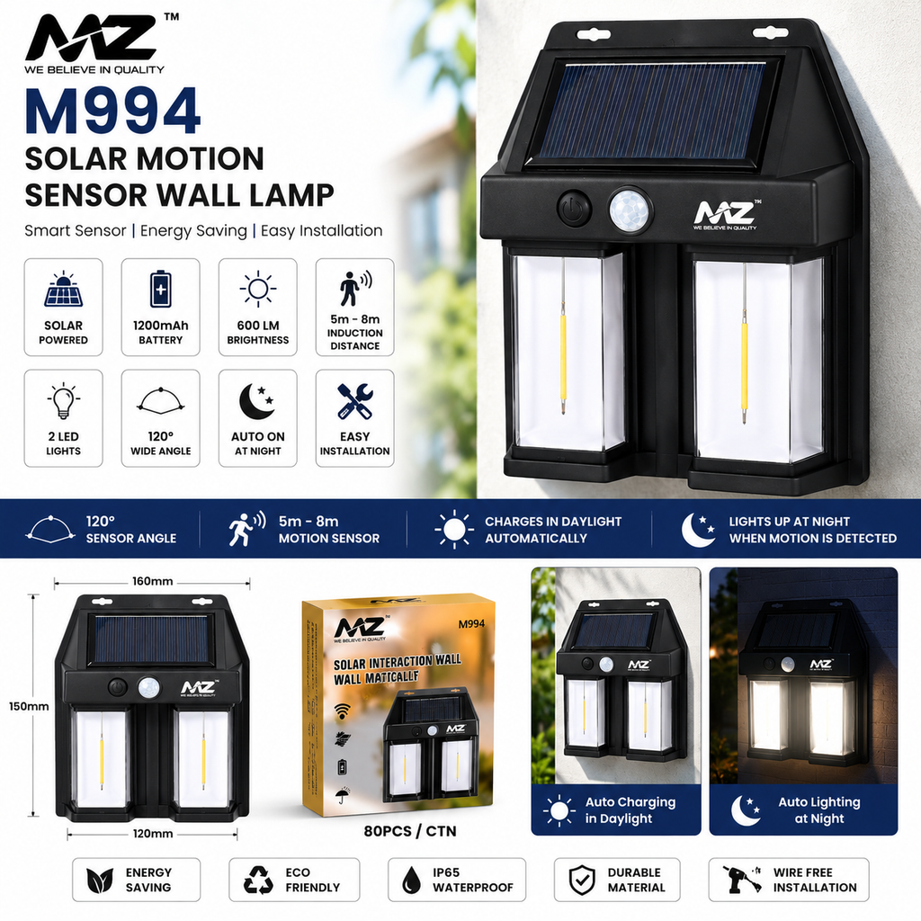 MZ M994 Solar Motion Sensor Wall Lamp – Dual LED Outdoor Security Light