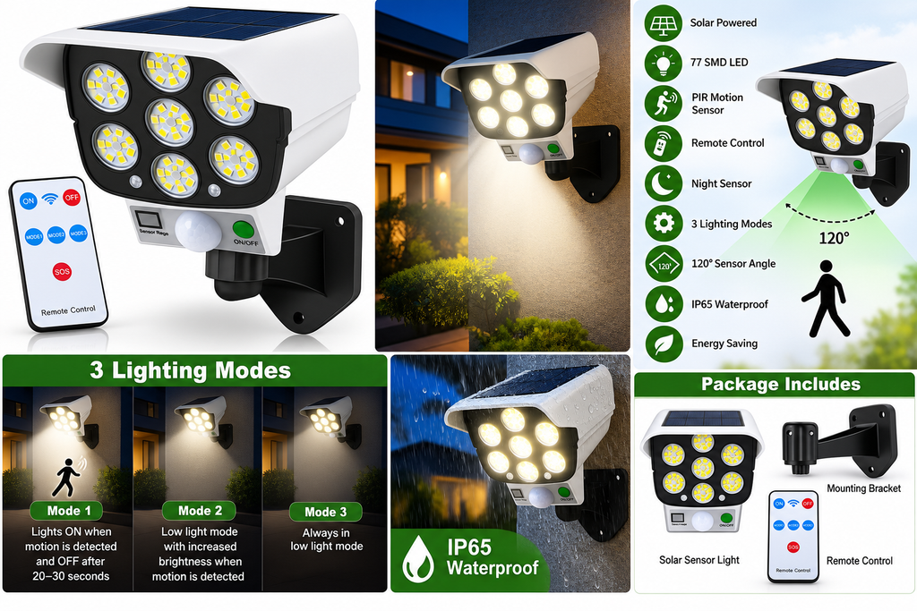 Solar Sensor Light 77 SMD LED with PIR Motion Sensor & Remote Control – Outdoor Wall Light