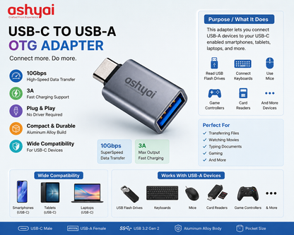 Ashyai USB-C to USB-A 3.2 OTG Adapter (10Gbps High-Speed Data Transfer & 3A Fast Charging)