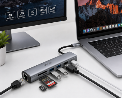 Ashyai 7-in-1 USB-C Multiport Hub | 4K HDMI | Gigabit Ethernet | 100W PD Charging