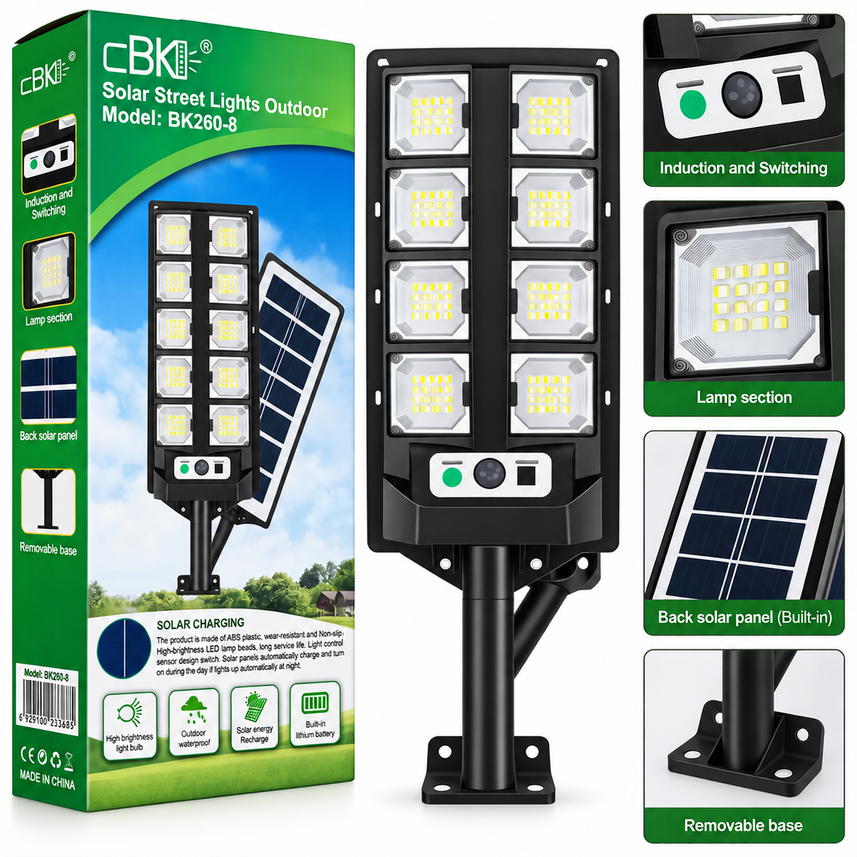 CBK BK260-8 Solar Street Light Outdoor | 8 LED Solar Powered Light with Built-in Battery, Sensor & Remote Control