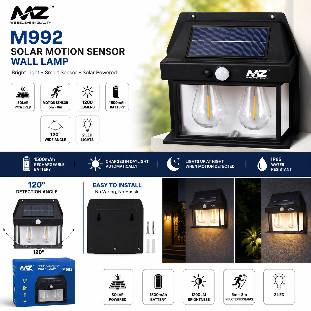Solar Motion Sensor Wall Lamp – 1200LM | Dual LED | 1500mAh Rechargeable Battery