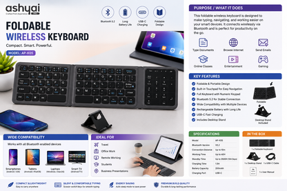 Ashyai Pro Foldable Wireless Bluetooth Keyboard with Touchpad & Numeric Keypad (AP-K05)