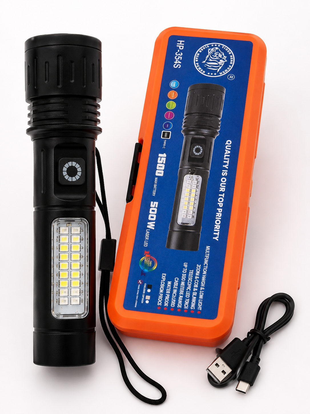 Rechargeable LED Flashlight with Side Light and Police light 🚨– USB Type-C Charging | High Power Torch