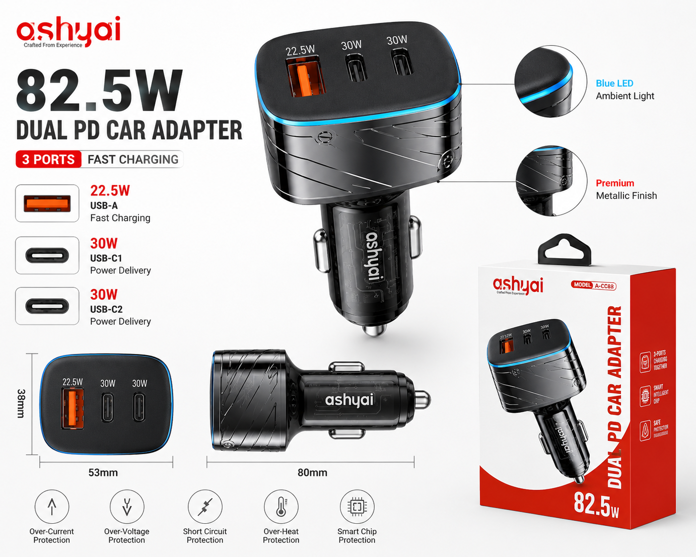Ashyai 82.5W Dual PD Car Charger2× USB-C PD 30W + USB-A 22.5W Fast Charging Adapter