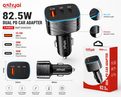 Ashyai 82.5W Dual PD Car Charger2× USB-C PD 30W + USB-A 22.5W Fast Charging Adapter