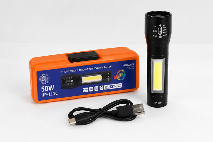 Rechargeable LED Flashlight – 50W High Power Torch with COB Side Light & USB-C Charging