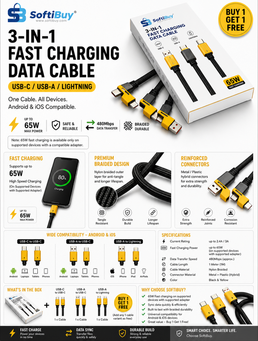 Universal Fast Charging Cable.Buy 1 Get 1 Free(Type-C / USB / Lightning) | Softibuy