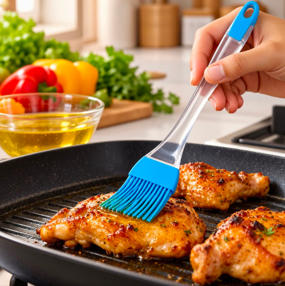 Silicone Kitchen Oil Brush applying oil to grilled food