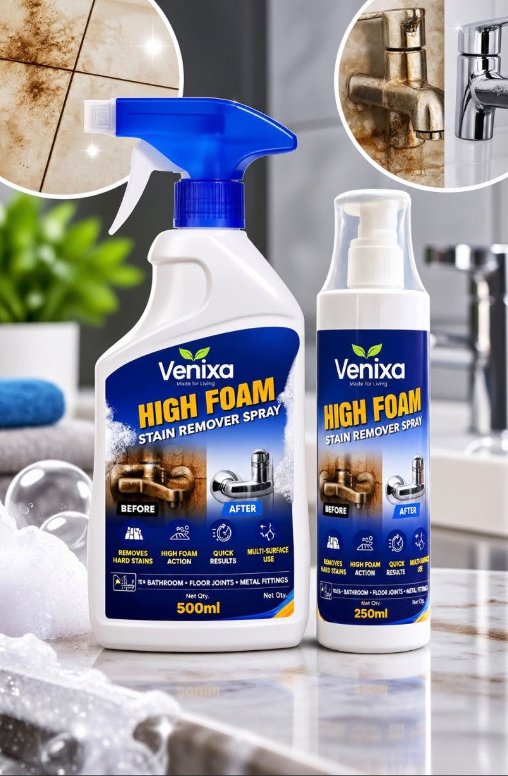 Venixa High Foam Stain Remover Spray 500 ml and 250 ml bottles